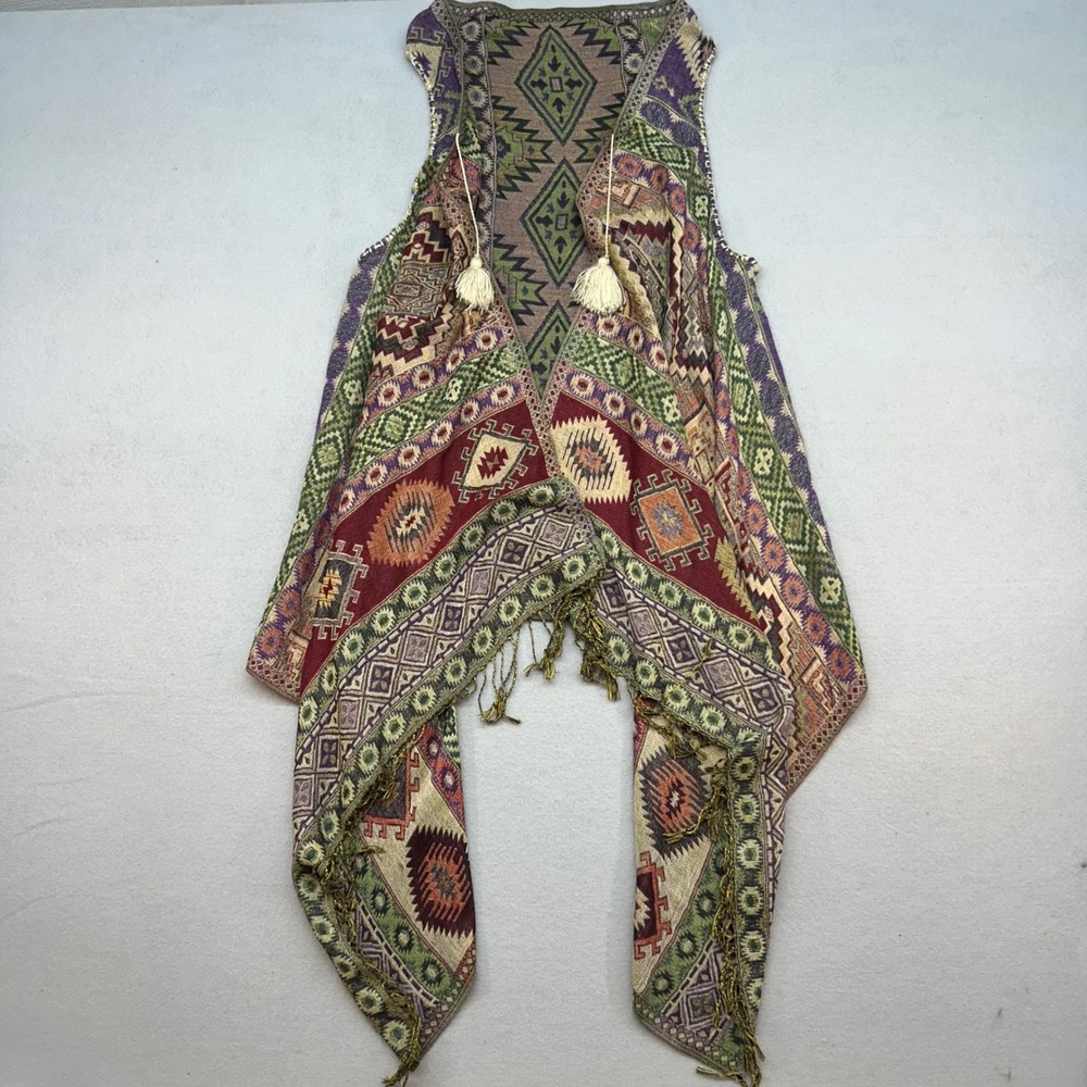 Boho Southwestern Tapestry Vest Open Front Fringe Tassel Geometric Purple Green